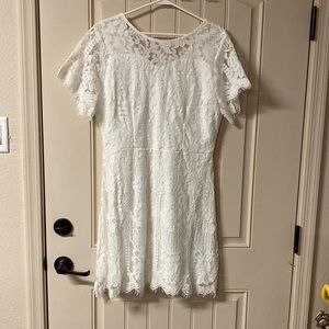 MSLG Size XL White Dress Floral Lace Overlay Lined Flutter Sleeve Scoop Neck NEW